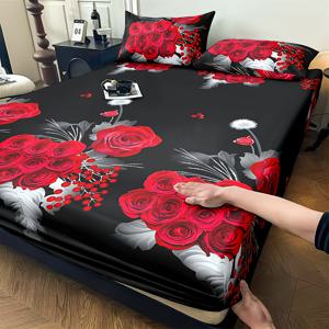 TEMU 3피스 로맨틱 레드 로즈 맞춤형 침대 시트 세트 / 베개커버 2개 / 매트리스 커버 1개 / 트윈 침대 / 풀 침대 / 퀸 침대 / 킹 침대 - 수축 및 변색 방지 - 부드럽고 밝은 베이지 친화적 / 쉬운 관리 - 매트리스 배치가 쉬운 꼭 맞는 핏 - 사계절 장식용