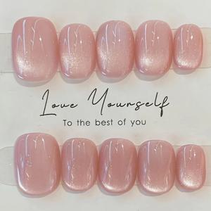 TEMU 핸드메이드 핑크 숏 스퀘어 라운드 프레스온 인조 손톱 10개입, 프렌치 캣 아이 디자인, 정교한 장인 정신, 사랑에 항상 필요, 약간 짧게 착용 가능, 네일 파일, 스틱, 젤리 글루 포함.