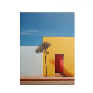 TEMU 집 장식용으로 적합한, 거실, 욕실, 식당, 사무실, 침실, 카페, 및 복도에 적합한, 미니멀한 캔버스 그림으로, 노란색 건축물과 빨간색 문 벽을 특징으로 합니다. 크기: 8X10인치(20X25cm), 프레임된