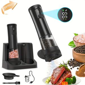 TEMU LED 디스플레이가 있는 2개 세트 충전식 소금 및 후추 그라인더 세트, 자동 분쇄, 조절 가능한 거친도, 대용량, USB 충전, 블랙/화이트, 가정용 주방 사용에 이상적, 주방 그라인더 세트|현대적인 주방용품|내구성 있는 플라스틱 그라인더, 소금 및 후추 쉐이커, 전기 소금 및 후추 그라인더, 자동 그라인더