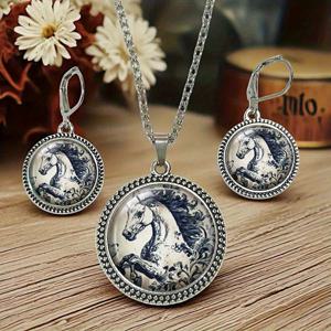 TEMU 3개 세트 우아한 파란색과 흰색 도자기 말 주얼리 세트 - 빈티지 스타일 합금 펜던트와 복잡한 꽃무늬 디자인, 그녀를 위한 완벽한 선물, 일상 착용이나 특별한 날에 이상적, 말 애호가 선물