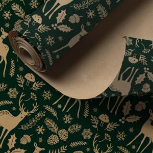 TEMU 크래프트 크리스마스 포장지 1롤 | 골든 브라운 사슴, 홀리, 도토리, 눈송이, 버섯 & 소나무잎이 있는 다크 그린 - 선물용, 러스틱 장식에 이상적 - 43.2cm x 500cm (17