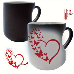 TEMU 1개 11oz 세라믹 크리에이티브 머그 | 하트 모양 손잡이, 하트와 나비 패턴 패치워크, 독특한 색상 변환 디자인, 커피 티 컵, 커플에게 이상적인 선물