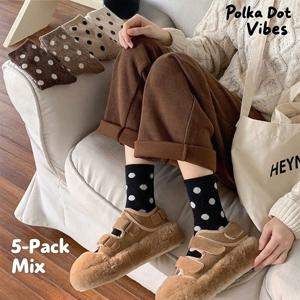 TEMU 가을 겨울 스위트 바이브, 여성용 혼합 컬러 미드 캐프 트렌디 양말 5켤레, 귀여운 도트 프린트, 대학생 스타일 두꺼운 따뜻한 다용도 눈길 잡는 양말