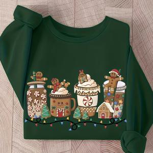 TEMU 크리스마스 진저브레드 맨 커피 밀크티 프린트 캐주얼 라운드넥 스웨트셔츠, 여성용 겨울 가을 데일리웨어, 서클 타겟팅
