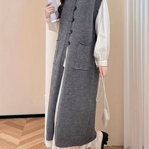 TEMU 엘리게트 오버사이즈 겨울 코트 드레스 - 슬리브리스 H라인 버튼 프론트 베스트 스타일 맥시 드레스 with 벨트, 기계 세탁 가능한 롱 길이 아우터웨어, 가을/겨울용, 캐주얼에서 포멀 이벤트까지 (드라이클리닝 금지)|나시원피스|민소매원피스