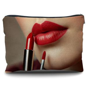 TEMU 여성용 레드 립 메이크업 가방 1개 - 우아한 레드 립 & 립스틱 디자인, 골드 톤 하드웨어 지퍼 정리함, 내구성 좋은 린넨 여성 메이크업 가방|린넨|립스틱