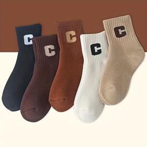 TEMU 아동용 두꺼운 가을/겨울 양말 5켤레, 스타일리시한 미드 카프 소크스 (C 레터링), 남아 여아용 따뜻하고 내구성이 뛰어난 레그 삭스