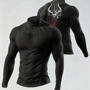 TEMU 남성용 하이 스트레치 긴팔 티셔츠 | 패셔너블한 프린트 디자인, 하이넥, 스키니핏, 러닝, 하이킹 및 데일리 캐주얼 웨어에 적합|요가|요가복|티셔츠