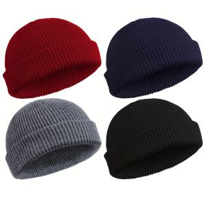 TEMU 가을, 겨울 커플 모자, 남녀 공용 가벼운 해외 무역 니트 캡, 따뜻한 롤링 엣지 풀온 비니, 스컬 캡, 낚시 모자, 남녀공용 4피스 세트