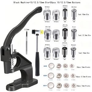 TEMU 블랙 수동 프레스 세트, 인조 가죽 버튼 150세트 포함, 655 # 633 # 831 # 메탈 버튼, 망치, 펀치, 10/12.5/15mm 실버색 인조 가죽 버튼, 옷, 재킷, 청바지, 팔찌, 가방 등에 사용 가능, DIY 공예 용품|팔찌|가죽가방