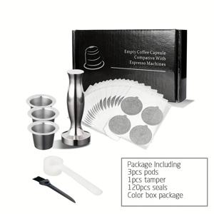 TEMU 새로운 커피 제조 도구, 스테인리스 스틸 리필형 캡슐, 호일 밀봉 스티커, 재사용 가능한 커피 필터 컵 포함.