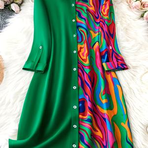 TEMU 여성용 세련된 파란색과 화려한 꽃 패치워크 드레스 - 긴 소매, 버튼 업, 가을/겨울 패션, 성인용, 가을 겨울 드레스 | 화려한 꽃 무늬 | 라펠 칼라 드레스