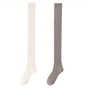 TEMU 1/2 쌍 여성용 무릎 위 하이 양말, 플러시 허벅지 하이 니트 원단, 폴리에스터 95% 스판덱스 5%, 단색, 기계 세탁 가능, 부드럽고 따뜻한 긴 양말 가을/겨울 가정 수면 바닥 사용