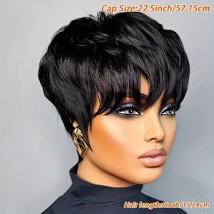 TEMU 브라질리언 레미 인모 픽시 컷 가발 - 숏 가발, 앞머리 포함, 레이어드 풀 헤어피스, 180% 밀도, 기계제작 가발 (글루/접착제 없음)