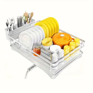 TEMU 주방 조리대 식기 건조대 - 넉넉한 식기 건조대, 물받이 포함, 부식 방지 식기 건조대, 싱크대용 조리 도구 홀더 포함, 화이트