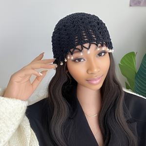 TEMU 빈티지 비즈 태슬이 달린 우아한 레이스 코바늘 뜨개질 브림리스 캡 1개, 단색 모자, 가벼운 스컬 캡, 여성용 장식 헤어 넷