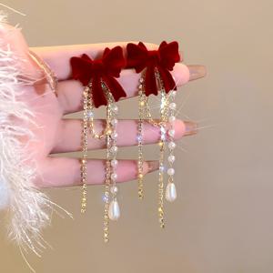 TEMU 1 쌍 빈티지 레드 보우클로트 비즈 프린트 귀걸이, 구리 포스트, 라인스톤 장식, 간단한 패션 일상 및 파티 액세서리, 여성용 올 시즌 선물