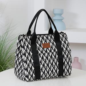 TEMU 새로운 두꺼운 나일론 프린트 패브릭 핸드백, 휴대용 도시락 가방, 야외 피크닉 및 출근용, 지퍼 잠금장치 내부 포켓 포함, 보온층, 런치 팩, 캐리온 백. 개학 시즌, 레트로 스타일, DLIU 비식품 접촉 방지