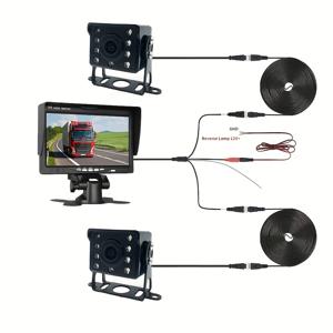 TEMU 7인치 HD 디스플레이, 견고한 4핀 케이블, 야간 투시 기능, 12-24V 차량용 플러그가 특징인 듀얼 후방 카메라 셋업. 트럭 및 RV용으로 설계되었습니다. 배터리 없이 설치 가능.