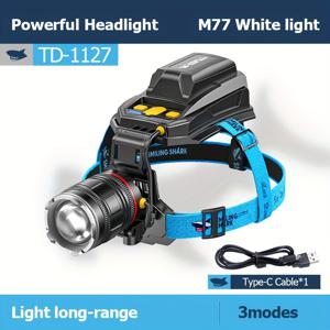 TEMU One Unit The Smiling Shark 충전식 LED 헤드램프, 높은 루멘 출력, 모션 감지 기능이 있는 강력한 헤드라이트, 3가지 조명 모드, 줌 기능이 있는 디자인, 내장형 보조 배터리, 러닝, 하이킹 등 야외 활동에 적합