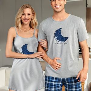 TEMU 커플 스타일 문 패턴 파자마: 남성용 프린트 반팔 체크 반바지 또는 여성용 프린트 멜빵 스커트, 남녀공용 홈웨어