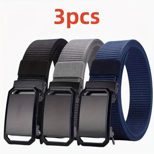 TEMU 2025년형 신상 3개입 남성용 자동 버클 나일론 벨트, , 아웃도어 스포츠, 캐주얼, 비즈니스, 정장과 매칭에 적합