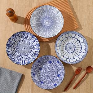 TEMU 일본 디자인의 얕은 볼 4개 세트 (8인치). 파스타, 샐러드, 시리얼에 적합하며, 클래식한 파란색 패턴 4가지가 특징입니다.|전자레인지