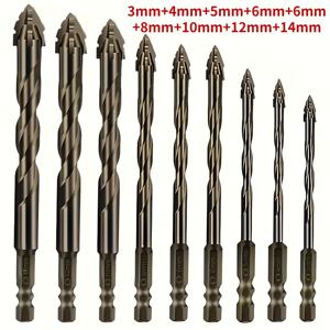 TEMU 3-14mm 4날 톱니형 외심 드릴 비트 9개 세트. 정밀한 위치 조정을 위한 육각 생크가 특징이며, 콘크리트, 타일, 세라믹, 나무 및 석조 건물의 건식 드릴링에 적합합니다. 내구성이 뛰어난 재료로 제작되었으며 금속 표면 처리가 수행되었습니다.