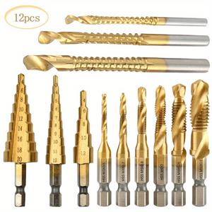 TEMU 세면돌 날과 탭이 있는 12개 스텝 드릴 비트 세트입니다. 4, 4-12, 3-12mm 크기의 티타늄-크롬 주철 커터가 포함되어 있으며, 3mm, 6mm, 8mm 스텝 드릴도 함께 제공됩니다. M3, M4, M5, M6, M8, M10 티타늄 드릴 비트가 특징입니다.