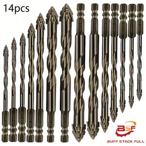 TEMU 버프 스택 풀 14피스 카바이드 드릴 비트, 고효율 및 내마모성, 사날 이심형 드릴 비트, 타일·세라믹·유리·대리석·콘크리트·스테인리스 합금 건식 드릴링용