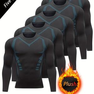 TEMU 5개 남성용 기모 안감 긴팔 컴프레션 티셔츠 - 통기성, 신축성, 슬림핏, 헬스, 러닝 & 야외 활동용, 블랙/블루 포인트, 폴리에스터-스판덱스 혼방, 올 시즌 트레이닝 탑, 러닝 셔츠 | 기하학 패턴 | 내구성