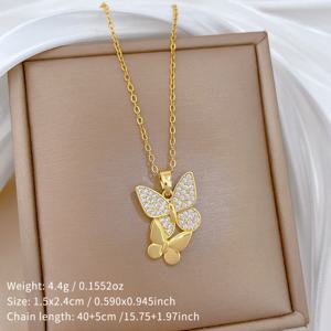 TEMU 여성용 우아한 더블 펜던트 목걸이 - 18K 금도금 구리 체인과 반짝이는 합성 지르코니아, 캐주얼 복장 및 선물용 디자인, 나비 주얼리