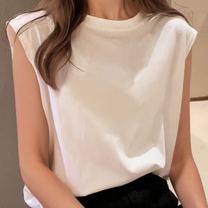 TEMU 여성용 솔리드 컬러 탱크탑, 루즈한 라운드넥 스파게티 스트랩 민소매 티셔츠 V넥 디자인, 사계절용
