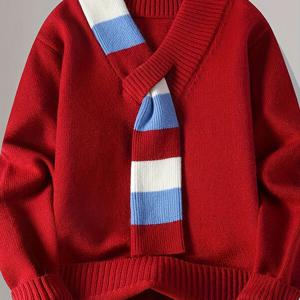 TEMU 남성용 풀오버 스웨터, 가을/겨울용 따뜻한 니트 상의, V넥 페이크 스카프 디자인의 청소년 캐주얼 한국 스타일 2509.|요가복