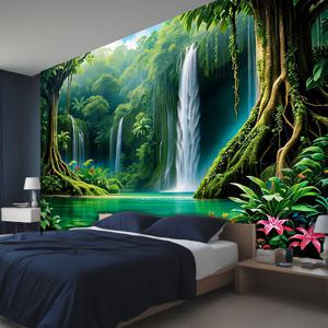 TEMU 2D 평면, 2D 평면 배너 배경 천, 1개 정글 오아시스 배경 천 (댐 폭포와 무성한 캐노피 포함), 생동감 넘치는 자연 풍경의 벽 천, 젠 거실, 열대 테마 파티, 실내 장식용, 다양한 사이즈, 파티 배경 | 폭포 장면 정글 테마 장식, 2D 평면