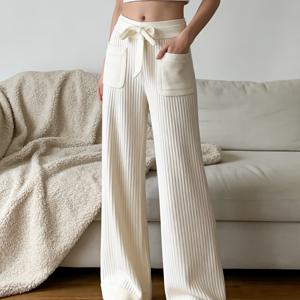 TEMU 여성용 버터리 소프트 와이드 레그 팬츠 - 하이웨이스트 드로스트링 라운지 트라우저 포켓 포함 | 캐주얼/스트리트웨어