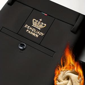 TEMU 남성 가을/겨울용 두꺼운 플리스 비즈니스 캐주얼 바지, 플랫 웨이스트, 따뜻한 왕관 자수 포멀 트라우저 S-1