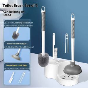 TEMU 벽걸이형 변기 브러시 및 플런저 세트 5pcs, 구석진 곳 청소용 접이식 헤드, 공간 절약형 욕실 청소 키트