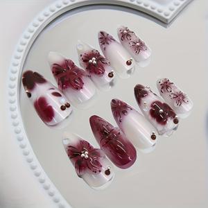 TEMU 프렌치 플로럴 프레스온 네일 - 여성용 광택 보라 & 핑크 꽃무늬 아몬드형 네일 익스텐션, 쉬운 적용 살롱 퀄리티 매니큐어, 웨딩, 파티, 캐주얼 웨어용 - 프렌치 팁 네일 아트 꽃무늬