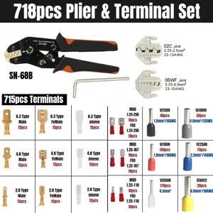 TEMU 718피스 헤비듀티 SN-68B 와이어 크림퍼 키트 (교체 가능한 턱 & 절연 남녀 커넥터 포함) (0.08-1.5mm²/AWG28-16) - 콜드프레스 터미널, 플라스틱 하우징 크림핑, 자동차, 배선, 태양광 패널 시스템용