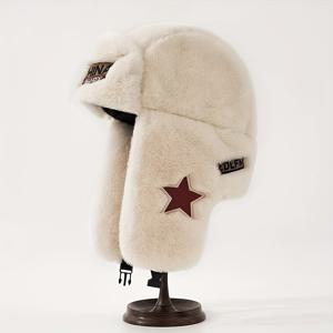 TEMU 가을과 겨울용 인조 토끼 벨벳 플러스 벨벳 두꺼운 플라잉 모자, 레드 스타 라벨 야외 승마용 모자, 따뜻하고 편안함