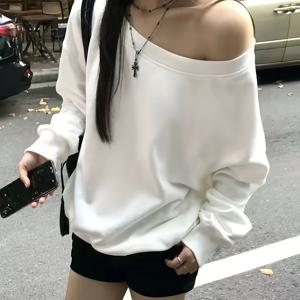 TEMU 여성 캐주얼 오프숄더 긴팔 스웨트셔츠 - 아늑한 가을/겨울 풀오버, 골지 커프스, 단색, 루즈핏, 캐주얼 복장에 적합, 캐주얼 웨어|골지 커프스 탑|편안한 착용감