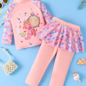 TEMU 여아용 스타일리시 퀵 드라이 원단 인어 공룡 프린트 라글런 소매 라운드넥 탑 & 물고기 비늘 패턴 롱 팬츠 수영복 세트.|수영복|레쉬가드|래시가드