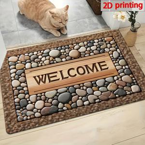 TEMU 1개 웰컴 홈 미끄럼 방지 도어 매트 - 내구성 강한 스톤 패턴 & 우드 텍스처 디자인, 세탁 가능, 폴리에스터 소재, 올시즌 사용 가능한 농가풍 인테리어 매트 | 나무 판자 디자인