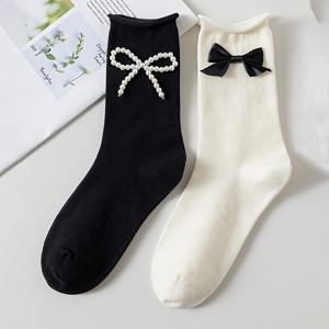 TEMU 귀여운 블랙 앤 화이트 대학생 스타일 일본 스타일 진주 리본 니하이 삭스 2켤레 세트, 데일리 모임에 완벽.