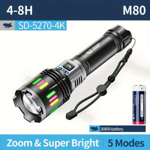 TEMU One Unit The Smiling Shark 초고휘도 플래시라이트, 줌 기능, 강력한 전술 플래시라이트, LED 충전식 태치 (보조 배터리 기능 포함), 형광, , 긴 빔 등 5가지 조명 모드