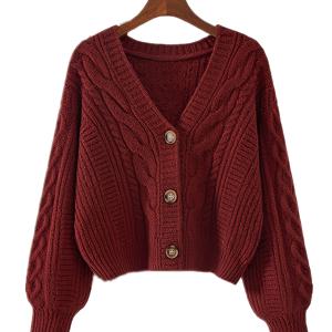 TEMU 여성용 따뜻한 빨간 케이블 카디건 - 빈티지 V넥, 긴 소매, 버튼업 짧은 재킷, 가을 & 겨울용, 캐주얼 & 스타일리시 디자인, 따뜻한 카디건