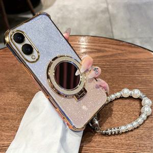 TEMU 폰 케이스: S 25 럭셔리 도금 충격 방지 네 모서리 두꺼운 글리터 카드 폰 케이스, 갤럭시 S25 호환, 미러 마그네틱 브래킷, 우아한 팔찌 체인, 소프트 TPU 백커버