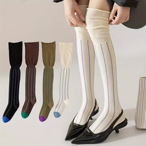 TEMU 4팩 여성용 오버니 양말, 심플 패션 컬러 블록 신축성 무자극 고품질 인스 트렌디 양말, 가을 겨울 일반 두께 통기성 습기 제거 양말, 스포츠 캐주얼 스트리트 스타일 대학생 스타일 오버니 양말 일상용